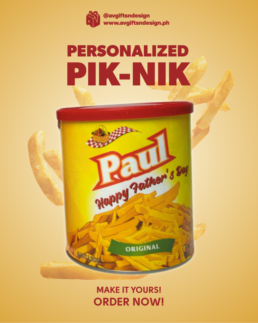 Paul Pik-Nik can with promotional text on a yellow background